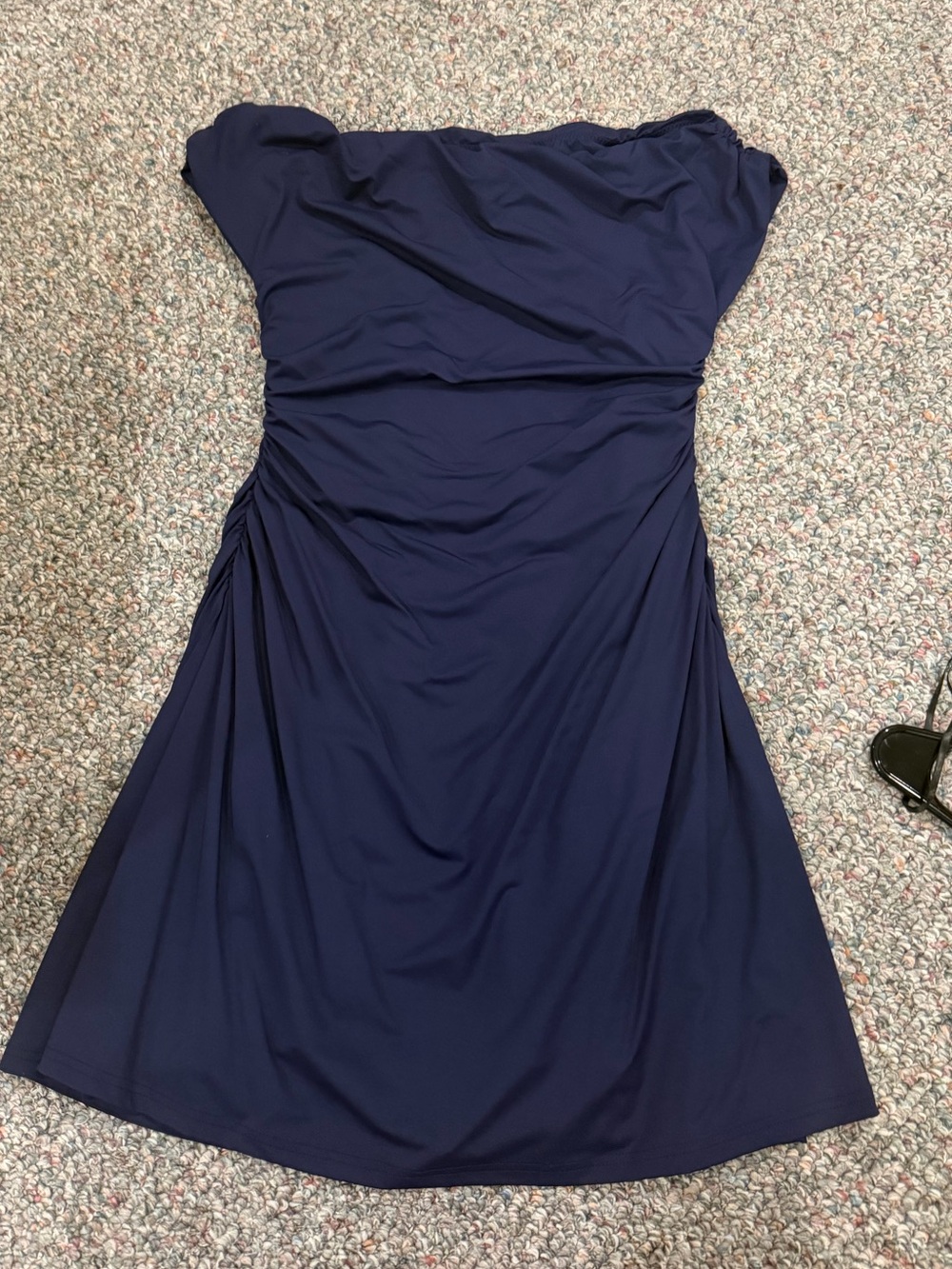 Navy Blue Off Shoulder Sleeveless Ruched Flare Mini Dress